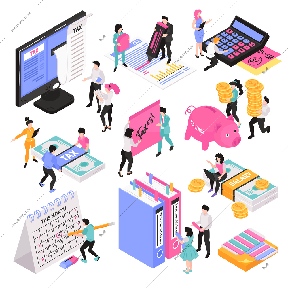 Isometric accounting set of conceptual images with little people characters and various workspace objects and items vector illustration