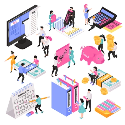 Isometric accounting set of conceptual images with little people characters and various workspace objects and items vector illustration