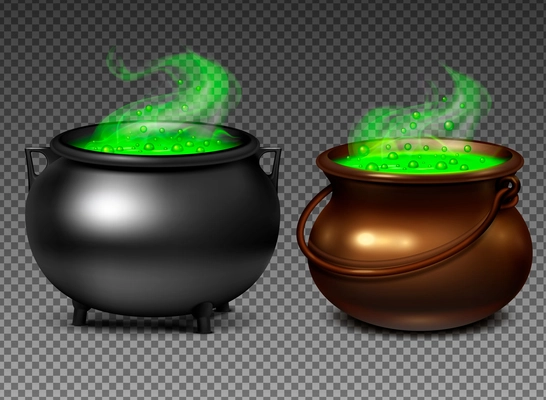 Witch cauldrons with magical green potion on transparent background realistic set isolated vector illustration
