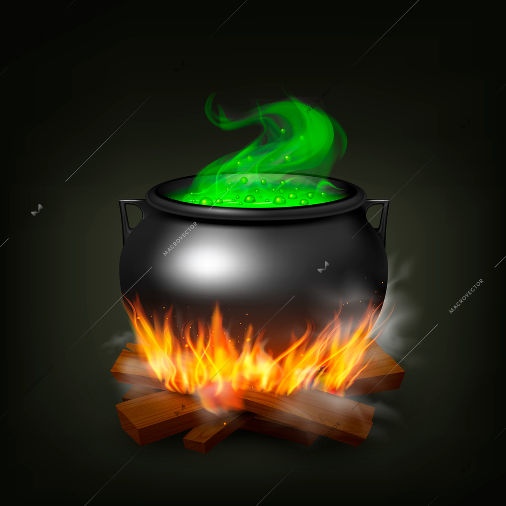 Witch pot on fire wood with green potion and steam on black background realistic vector illustration