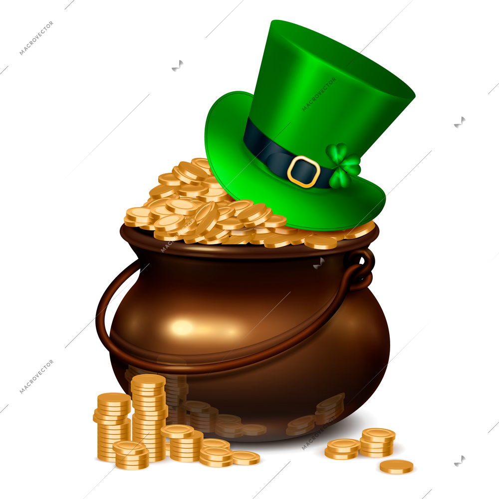 Patricks day realistic composition including pot full of gold coins covered with emerald hat decorated with shamrock and buckle vector illustration