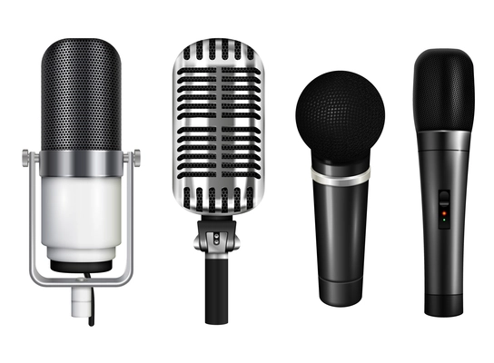 Professional microphone collection for karaoke and concert in realistic style isolated on white background vector illustration