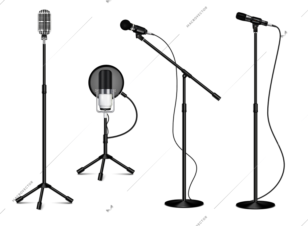 Vintage collection of standing professional microphones with wire on white background in realistic style isolated vector illustration
