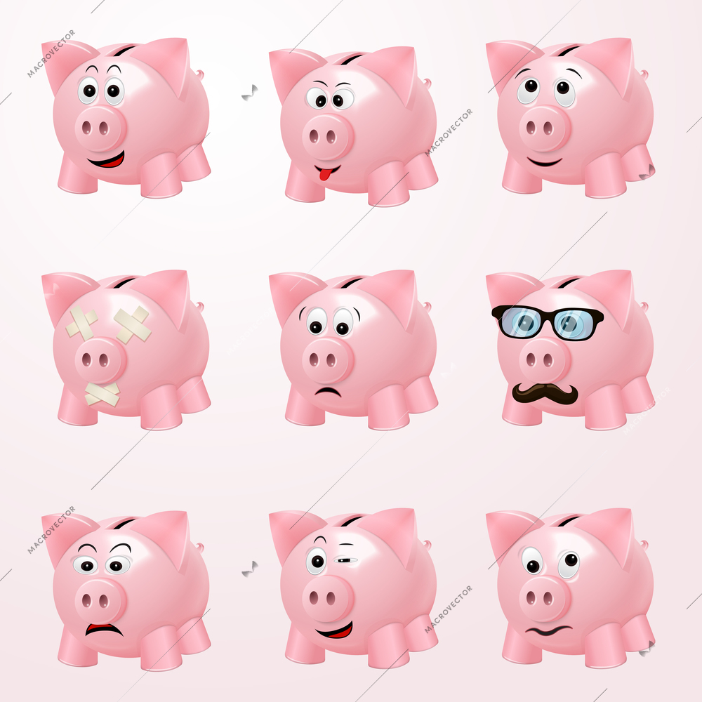 Pink piggy bank emoticons with cheerful curious hipster happy emotion faces isolated vector illustration