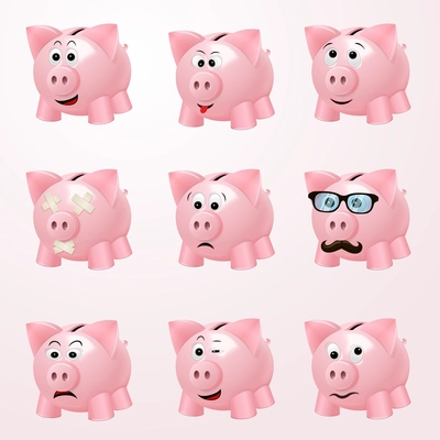 Pink piggy bank emoticons with cheerful curious hipster happy emotion faces isolated vector illustration