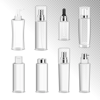 Cosmetics spray bottles with dispenser isolated icons set on transparent background vector illustration