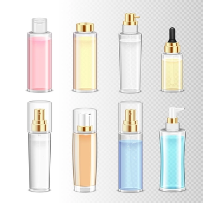 Colored set of realistic cosmetics bottles for cream perfume and liquid on transparent background isolated vector illustration