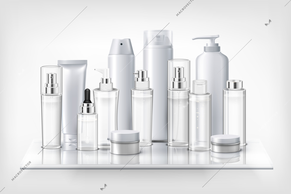 Set of cosmetics plastic bottles jars and flasks on glass shelf realistic vector illustration