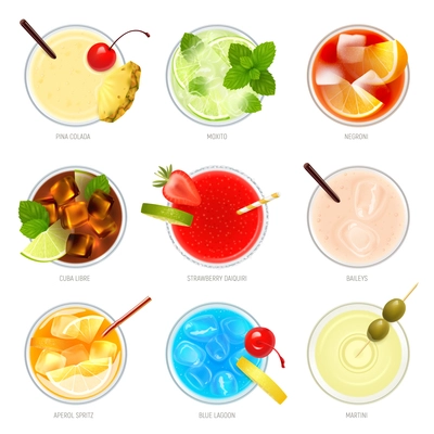 Realistic cocktails top view set with nine isolated images of cocktail glasses with toppings and text vector illustration