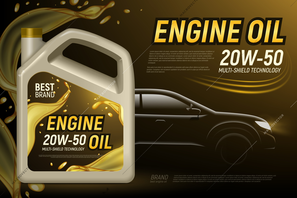 Realistic motor oil car silhouette ads background with editable text and composition of product package images vector illustration
