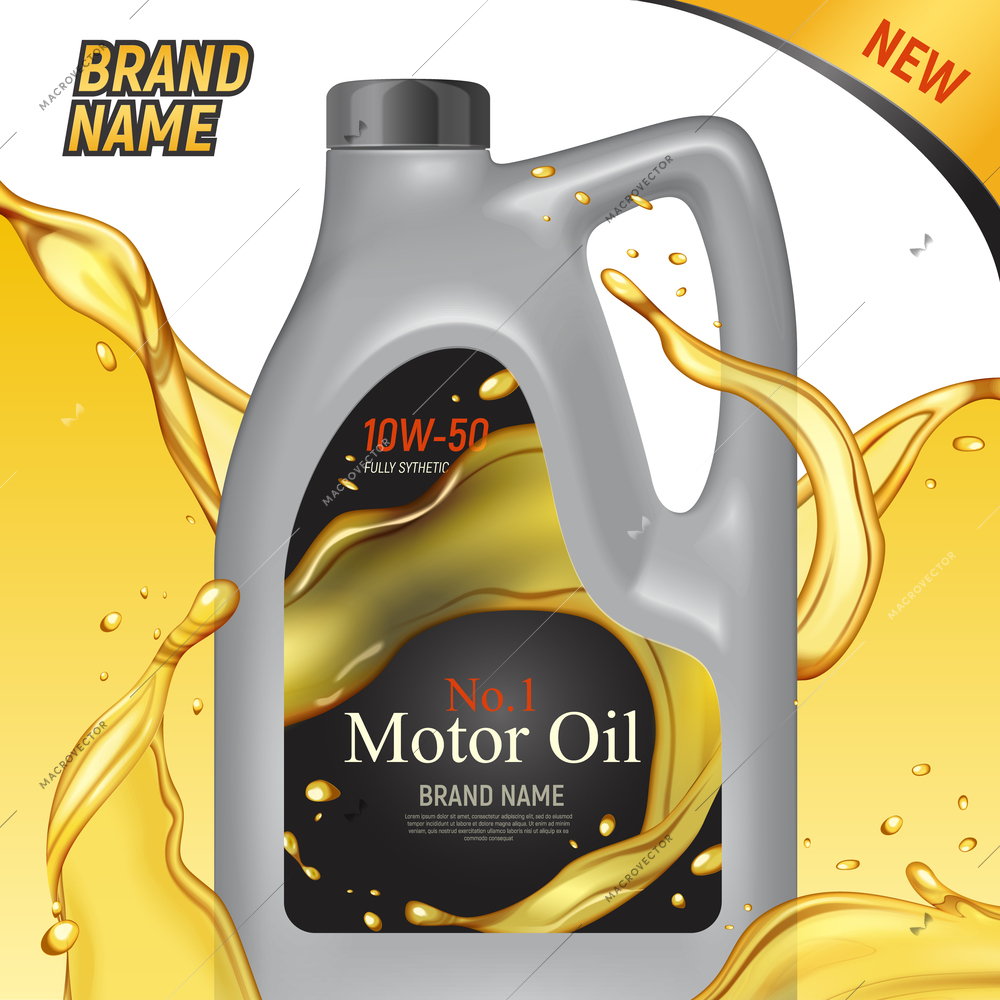 Realistic motor oil ads square background with images of plastic canister container branded package and text vector illustration