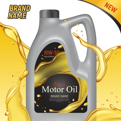 Realistic motor oil ads square background with images of plastic canister container branded package and text vector illustration