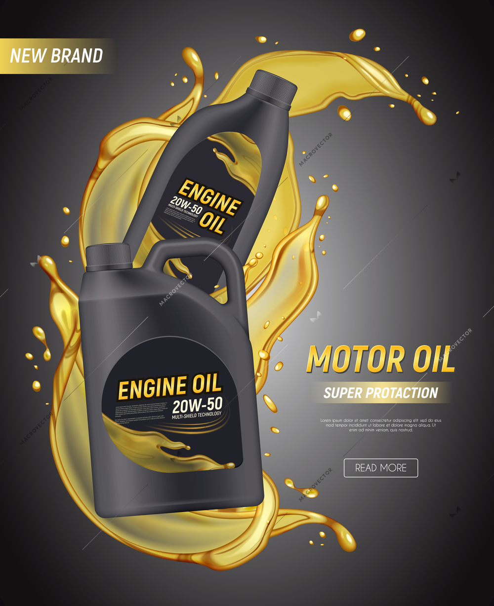 Realistic motor oil poster ads with editable text canister package splashes and drops of engine oil vector illustration