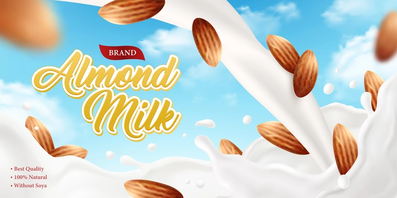 Realistic almond milk poster ad background with ornate brand text and composition of sky and nuts images vector illustration