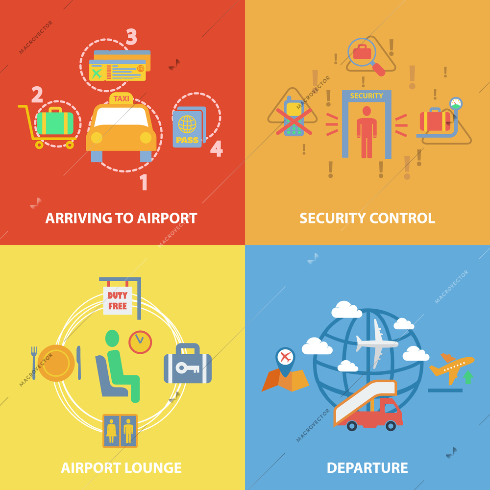 Business concept flat icons set with airport composition set of arriving security control lounge departure infographic design infographic design elements vector illustration