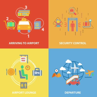 Business concept flat icons set with airport composition set of arriving security control lounge departure infographic design infographic design elements vector illustration