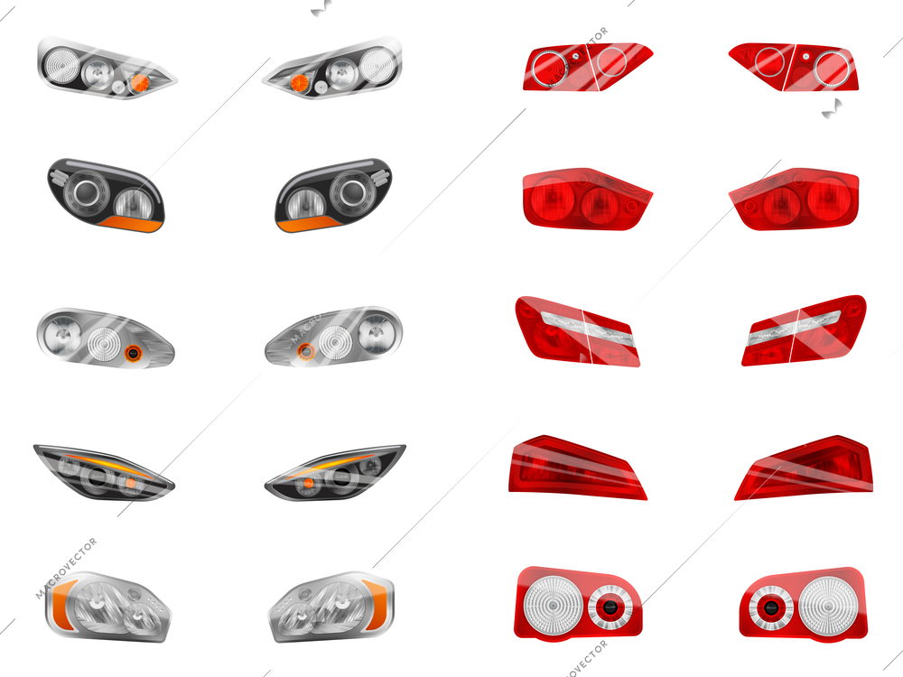 Realistic auto headlights set with twelve isolated images of different car front headlamps and brake lights vector illustration