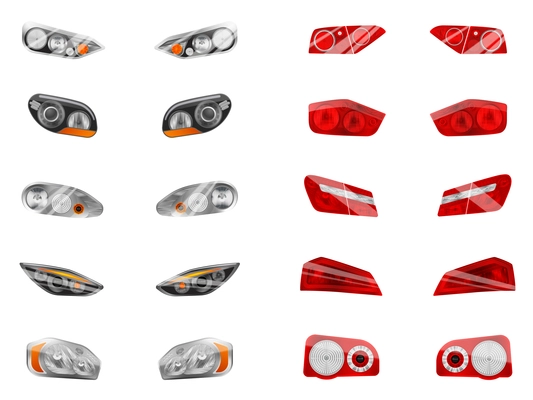 Realistic auto headlights set with twelve isolated images of different car front headlamps and brake lights vector illustration