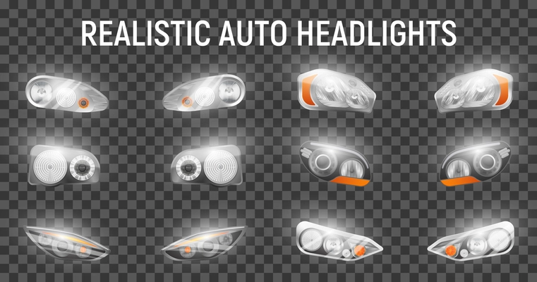 Realistic auto front headlights set on transparent background with glowing images of full headlamps for cars vector illustration