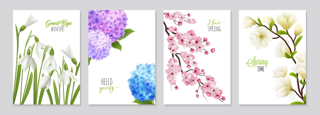 Realistic snowdrop flower banners set featuring four floral backgrounds with realistic images of flowerage and text vector illustration