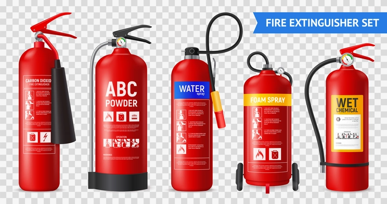 Realistic fire extinguisher set with isolated portable fire-fighting units of different shape on transparent background vector illustration