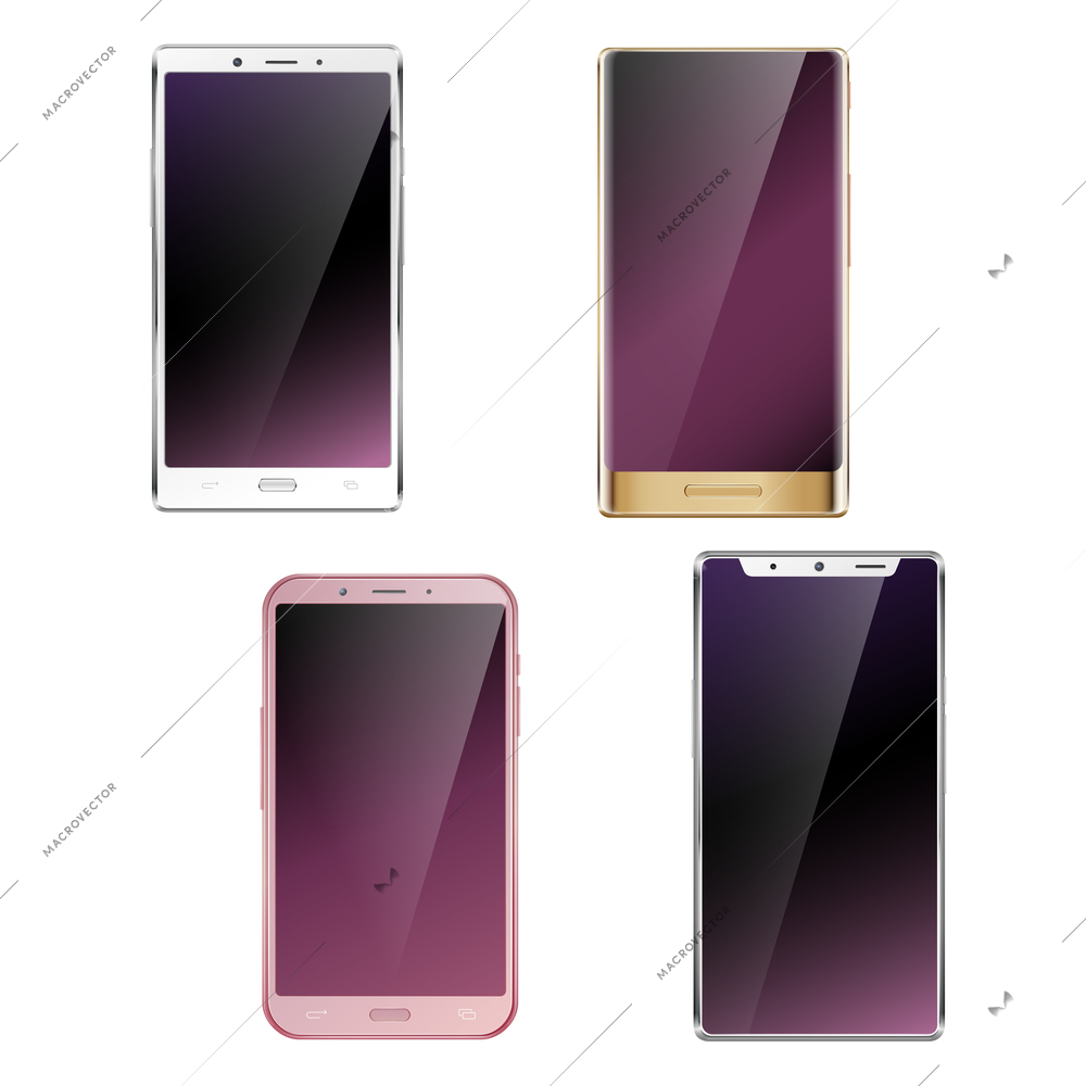 Smartphones realistic top view 4 closeup   modern all screen glossy mobile cell phones set isolated vector illustration