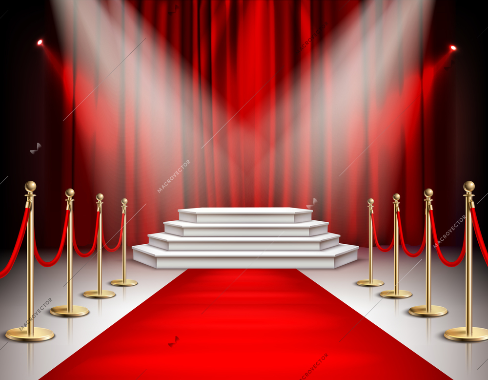 Red carpet celebrities event realistic composition with white stairs podium spotlights carmine satin curtain background vector illustration