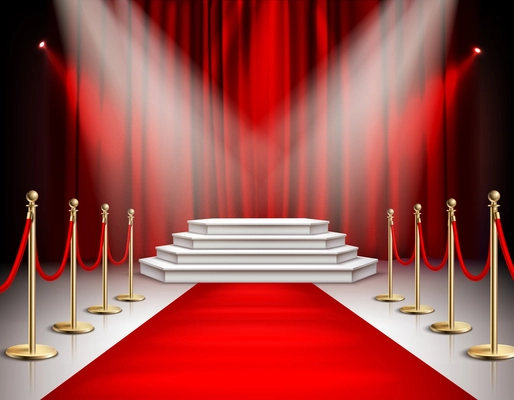 Red carpet celebrities event realistic composition with white stairs podium spotlights carmine satin curtain background vector illustration