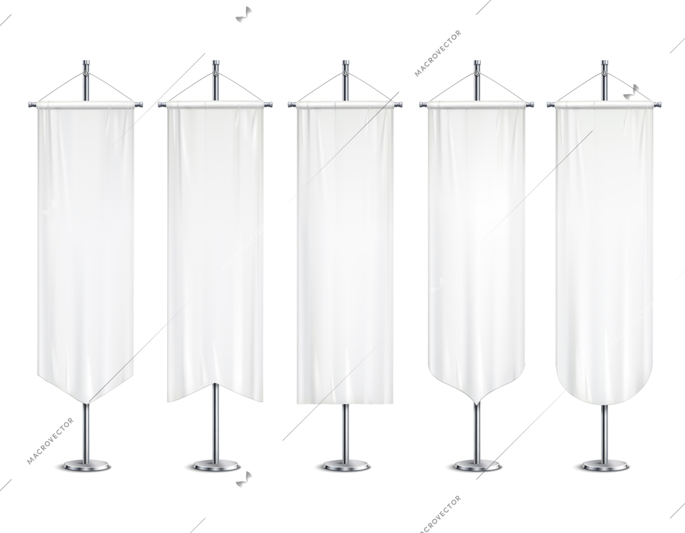 Blank white long mock up pennants flags  banners hanging on pole stand support realistic set vector illustration