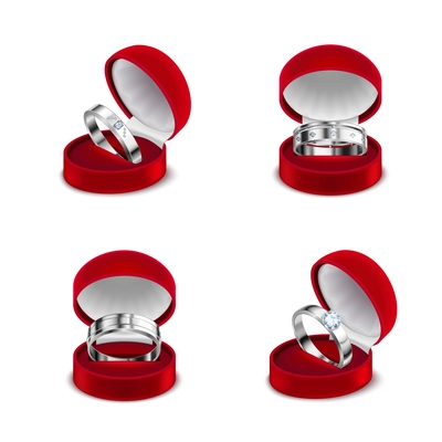 Luxury jewelry 4 sterling silver wedding engagement diamond rings in open red boxes realistic set vector illustration