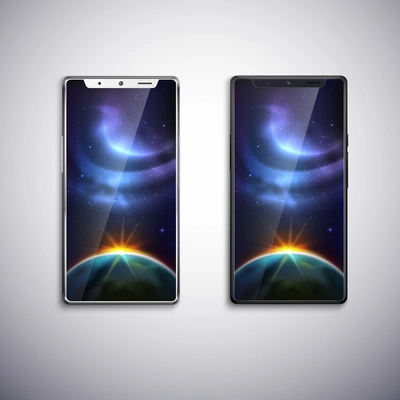Two modern all screen smartphones with glossy space image against grey background realistic set isolated vector illustration