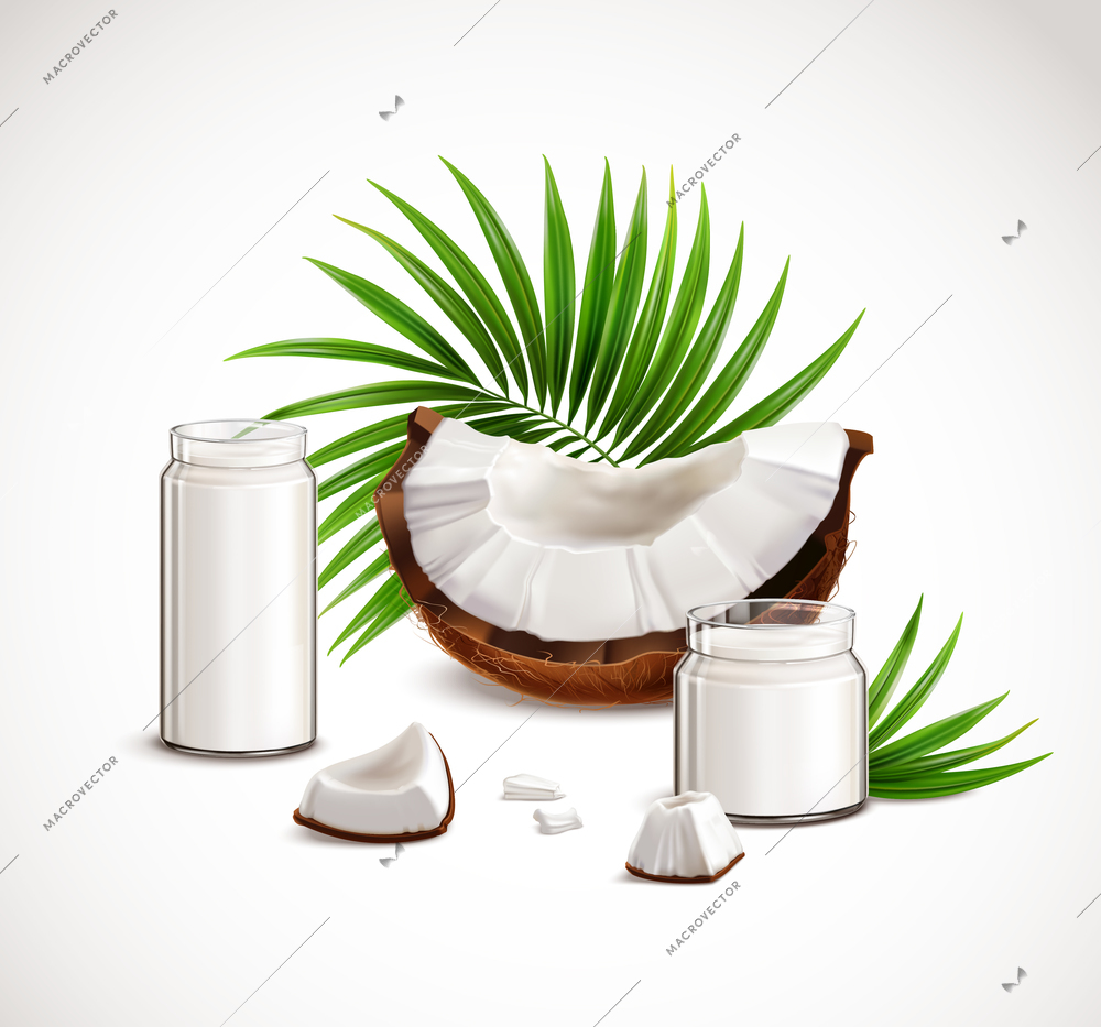Coconut closeup realistic composition with nut segments white flesh pieces full glass jars milk palm leaves vector illustration