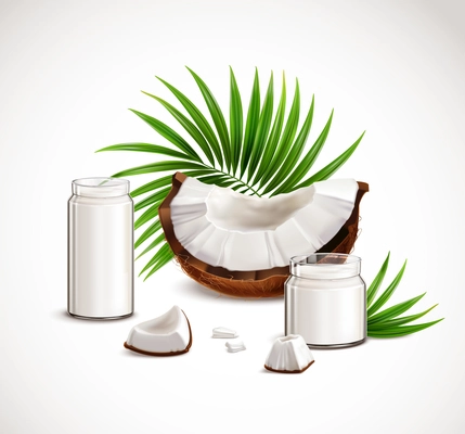 Coconut closeup realistic composition with nut segments white flesh pieces full glass jars milk palm leaves vector illustration