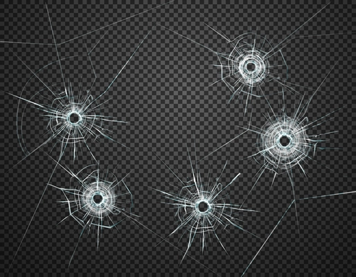 Five bullet holes in glass closeup realistic image against dark transparent background vector illustration