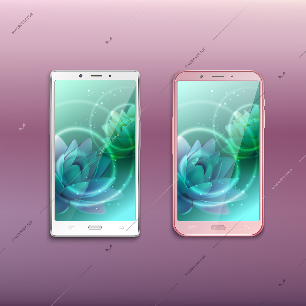 Two last generation all screen smartphones with lotus image against gradient lavender pink background vector illustration