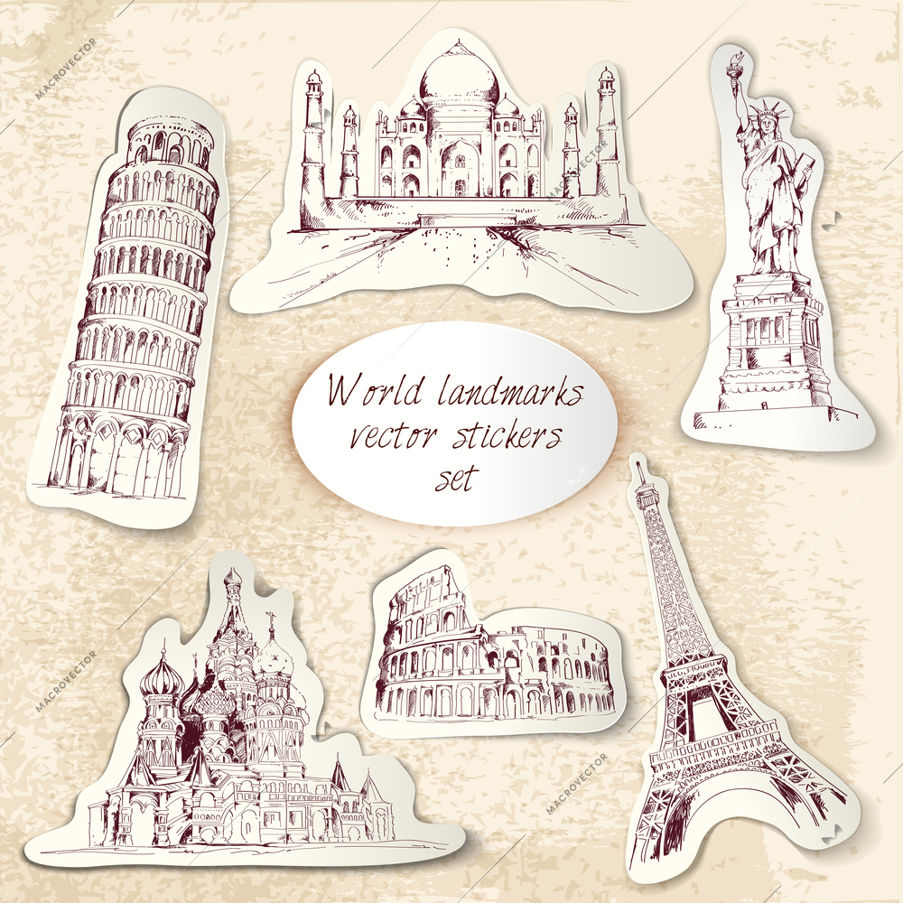 World landmark sketch stickers set of taj mahal pisa tower isolated vector illustration