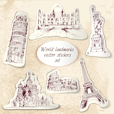 World landmark sketch stickers set of taj mahal pisa tower isolated vector illustration
