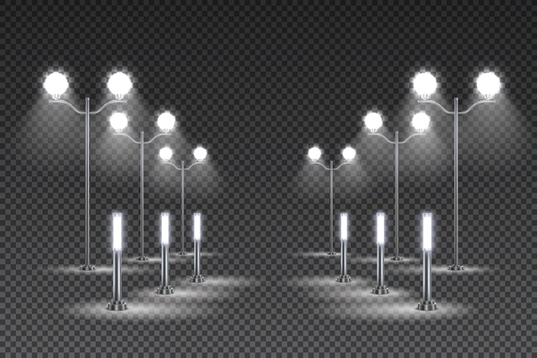Outdoor garden lighting design with tall lanterns and solar led street lights dark transparent background vector illustration