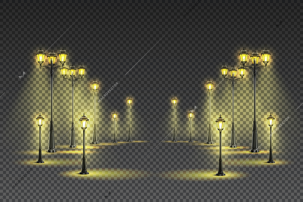 Outdoor garden street classical yellow lighting with big and small lanterns dark transparent background realistic vector illustration
