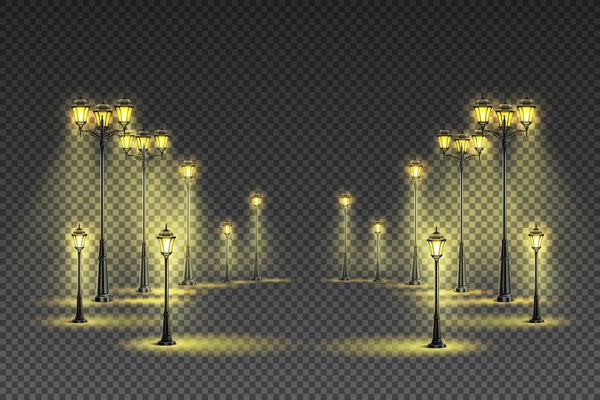 Outdoor garden street classical yellow lighting with big and small lanterns dark transparent background realistic vector illustration