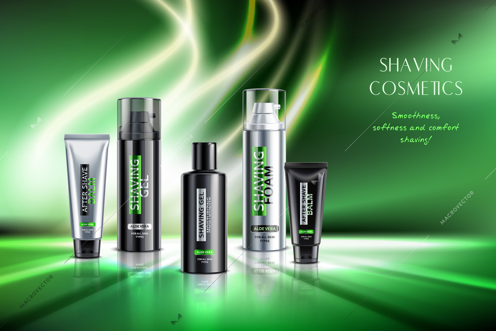 Shaving luxury cosmetics products with foam balm gel realistic emerald green glowing background advertisement poster vector illustration