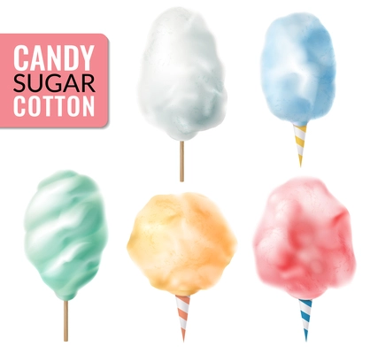 Realistic candy sugar cotton set with isolated images of colourful confectionery candyfloss sticks on blank background vector illustration