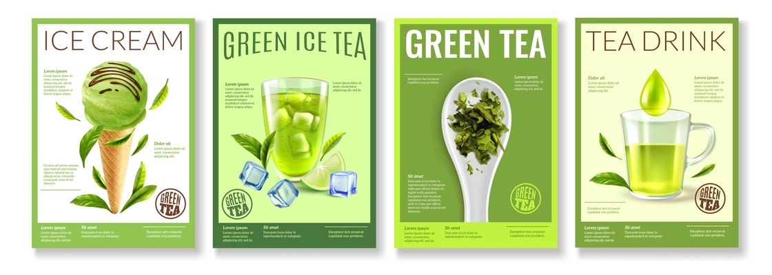 Realistic green tea posters collection with four vertical backgrounds editable text and images of tea products vector illustration