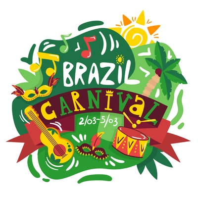 Brazil carnival annual celebration dates announcement composition poster with national colors music symbols and instruments vector illustration