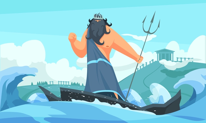 Greece ancient gods flat cartoon strip with poseidon among waves striking sea with his trident vector illustration