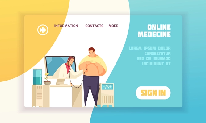 Flat and colored online medicine concept banner or landing page with links and sign in button vector illustration