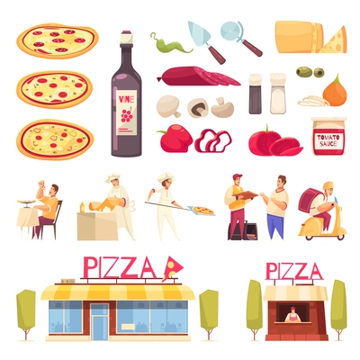 Pizza icon set with isolated product for pizza creation pizzeria and chefs vector illustration