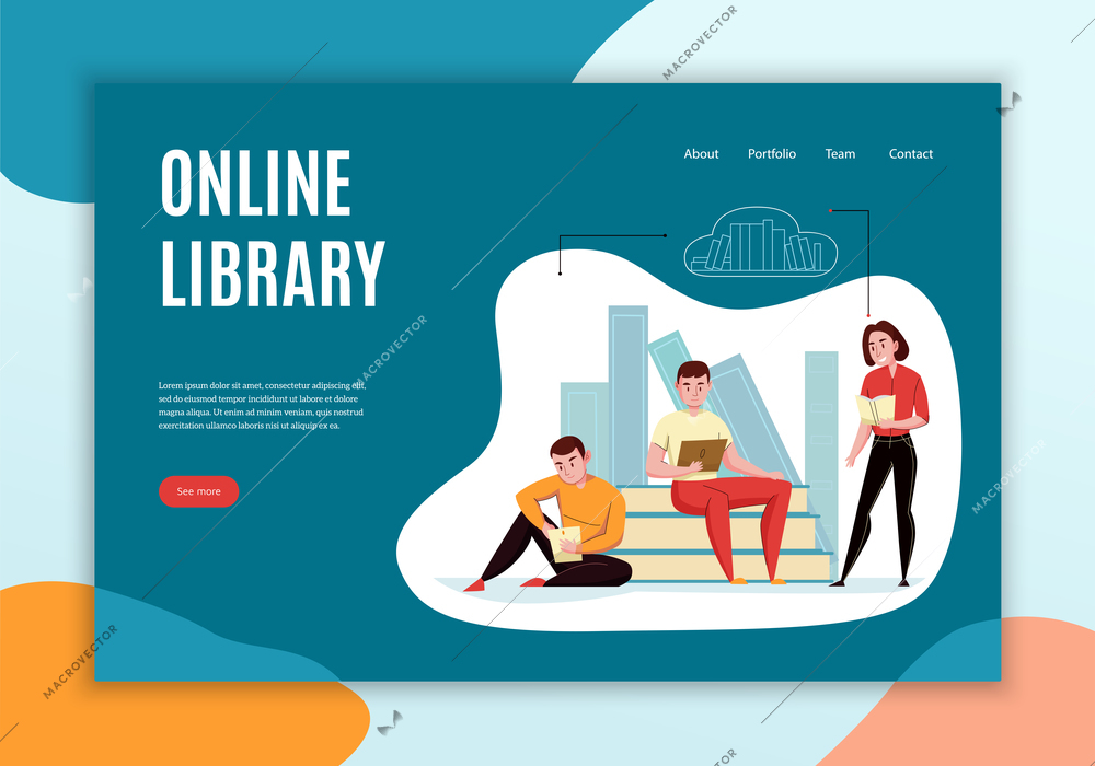 Online library concept website flat banner design with people reading books against cloud bookshelves background vector illustration