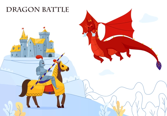 Medieval tale armored rider fighting  flying fire breathing dragon flat colorful composition castle on background vector illustration