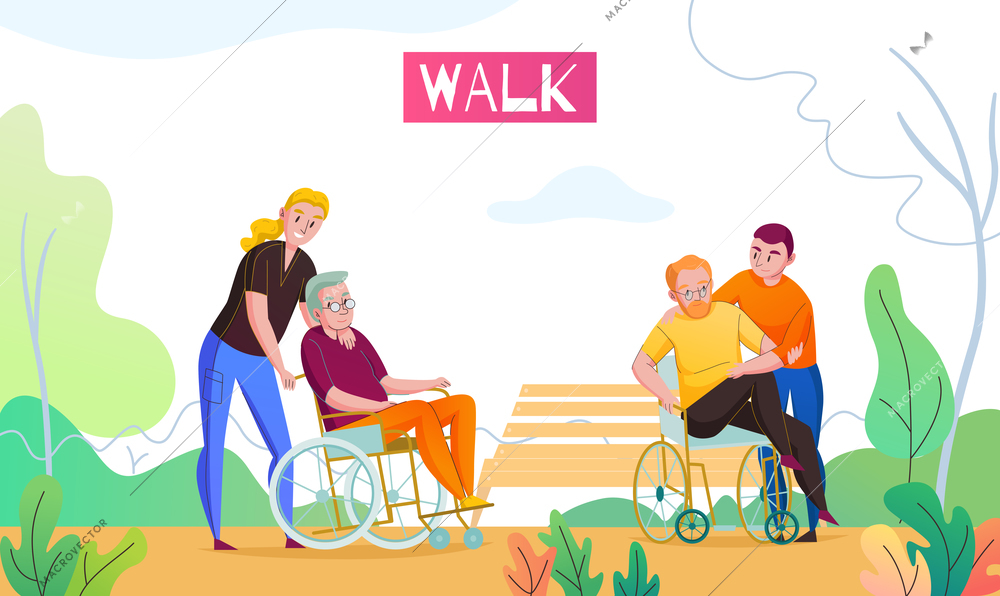 Nursing home outdoor activities with medical attendant and volunteer walking with wheelchair bounded residents flat vector illustration